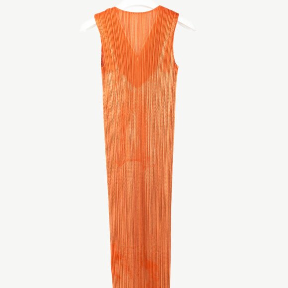 Pleats Please Issey Miyake Orange Metallic-Pattern Sleeveless Maxi Dress - Picture 2 of 8